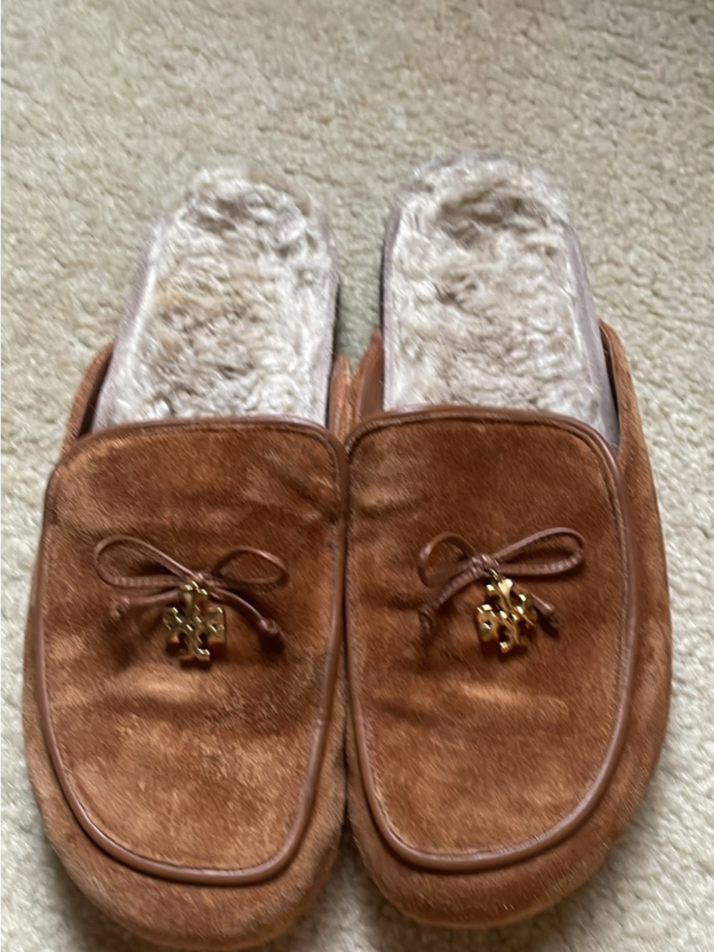 Tory Burch Brown Suede Fleece-Lined Slip-On Mules
